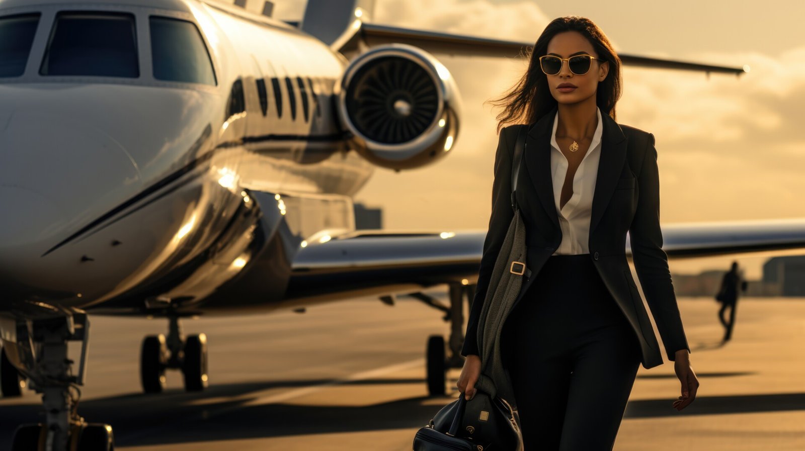 Business traveler beside a private aircraft